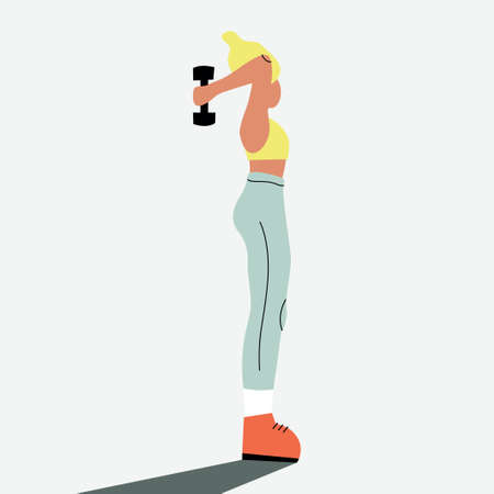 Vector illustration with woman doing sport with dumbbell. Cartoon characterのイラスト素材