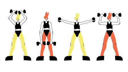 Vector illustration with woman doing sport with dumbbell. Cartoon characterのイラスト素材