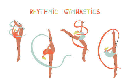 Vector illustration of rhythmic gymnastics. Woman with ribbon. Cartoon character.  sportのイラスト素材