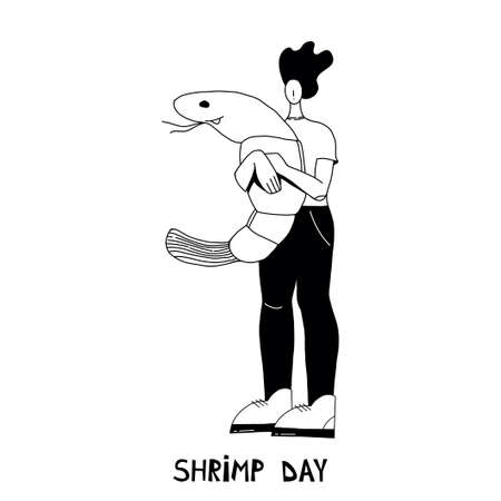 Vector illustration with woman holding a shrimp. National Shrimp Day.のイラスト素材