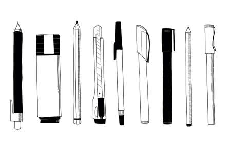 Vector illustration of stationery - pen; pencil; marker. Hand drawn doodle. Outline sketch.のイラスト素材