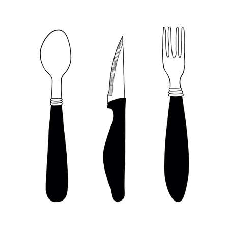Vector illustration with fork, spoon and knife. Graphic doodle sketch.のイラスト素材