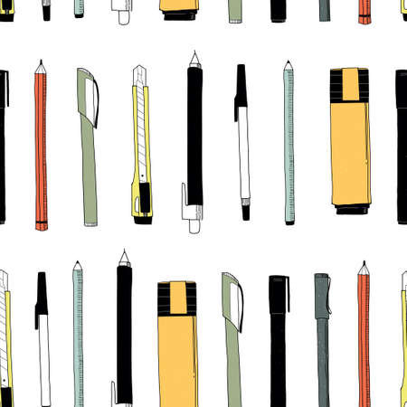 Seamless pattern. Vector illustration of stationery - pen; pencil; marker. Hand drawn doodle. Outline sketch.のイラスト素材