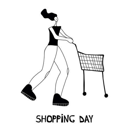 Vector illustration. Woman shopping with shopping cart. Cartoon character.のイラスト素材