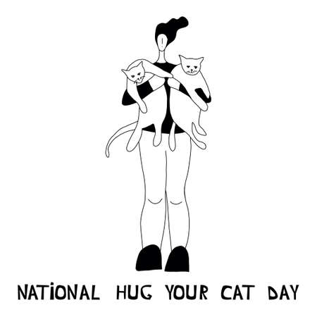 Vector illustration with woman hugging a cat. Cartoon character. National Hug Your Cat Dayのイラスト素材