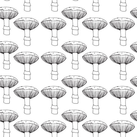 Seamless pattern. Vector illustration. Doodle drawing of mushrooms - fly agaric.のイラスト素材