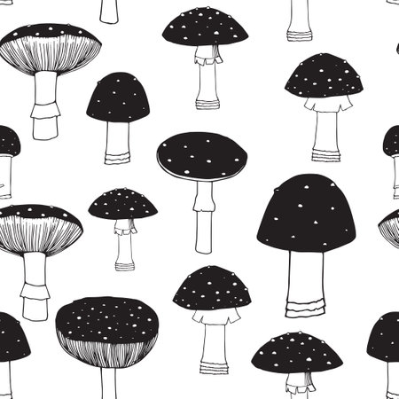 Vector illustration. Doodle drawing of mushrooms - fly agaric.のイラスト素材