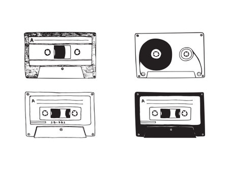 Vector illustration with cassettes. Doodle sketch.のイラスト素材