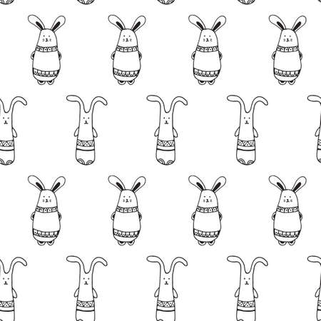 Vector illustration. Seamless pattern with decorative rabbits. Cartoon character. Scandinavian style.のイラスト素材