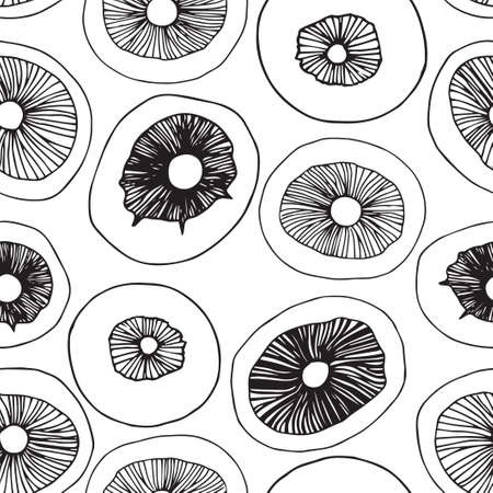 Seamless pattern. Vector illustration. Black outline sketch. Doodle drawing of mushrooms.のイラスト素材