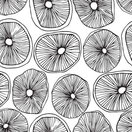Seamless pattern. Vector illustration. Black outline sketch. Doodle drawing of mushrooms.のイラスト素材
