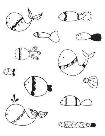 Vector illustration with sea creatures - fish and whale. Cartoon charcaterのイラスト素材