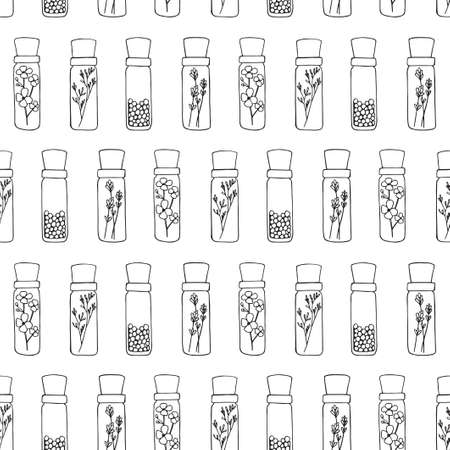 Seamless pattern. Vector illustration. Jars with flowers and herbal spices. Doodle sketch.のイラスト素材