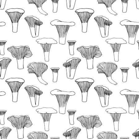 Seamless pattern. Vector illustration. Doodle drawing of mushrooms - chanterelles.のイラスト素材