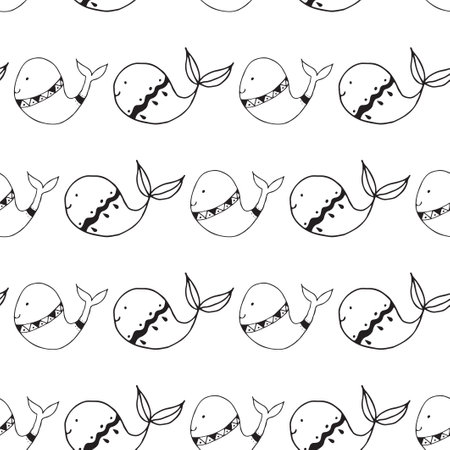 Seamless pattern. Vector illustration with sea creatures - whale. Cartoon charcaterのイラスト素材