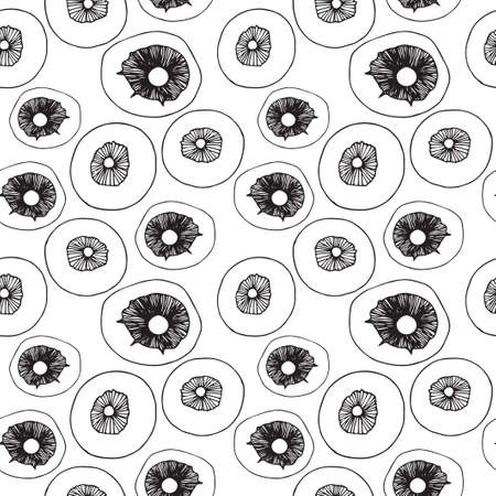 Seamless pattern. Vector illustration. Black outline sketch. Doodle drawing of mushrooms.のイラスト素材