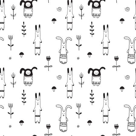 Vector illustration. Seamless pattern with decorative rabbits. Cartoon character. Scandinavian style.のイラスト素材