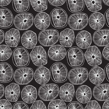 Seamless pattern. Vector illustration. Black outline sketch. Doodle drawing of mushrooms.のイラスト素材