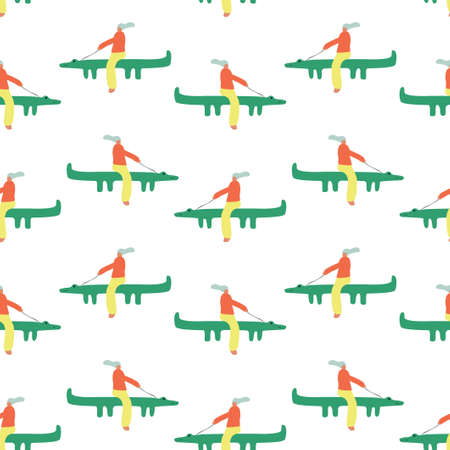 Seamless pattern. Vector illustration with person on a crocodile. Cartoon character.のイラスト素材