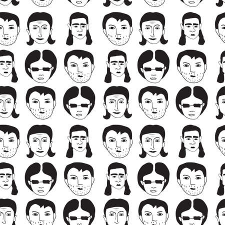 Seamless pattern. Vector illustration with doodle sketch. Linear portrait of woman, men.のイラスト素材
