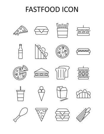 Vector illustration with fast food icons - pizza, french fries, sandwich, hot dog, sausage, ice cream, chicken, tako, burger, cheeseburger, hamburger.のイラスト素材