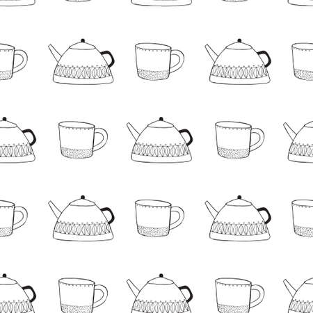 Seamless pattern with tea pot and mug. Linear drawing.のイラスト素材