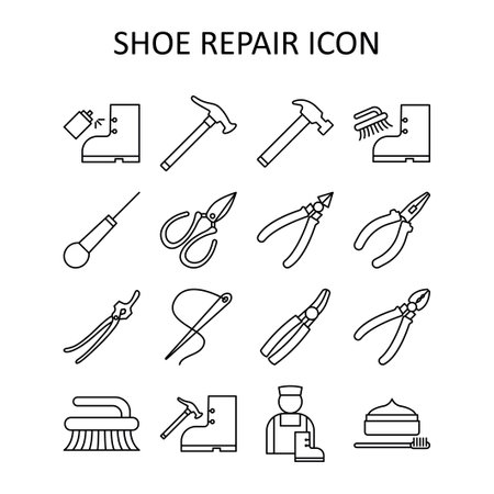 Vector illustration with shoe repair icons - bootmaker tools. Outline drawing.のイラスト素材