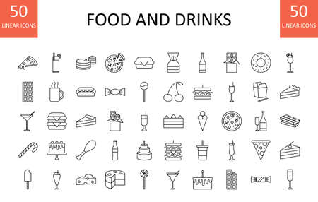 Vector illustartion with food and drinks icons. Outline drawing.のイラスト素材