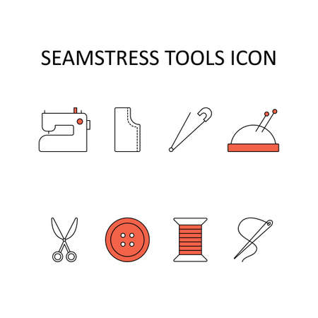Vector illustration with sewing machine; threads; pincushion; pin; button; scissors. Icon set. Linear drawing.のイラスト素材