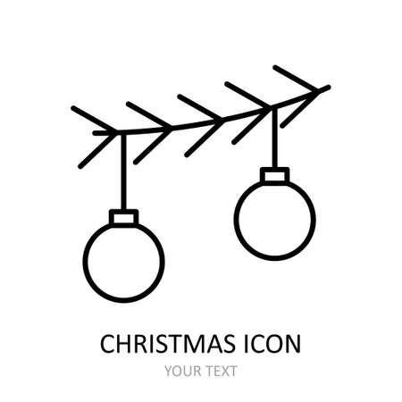 Vector outline icon with spruce branch with christmas balls. Outline drawing.のイラスト素材