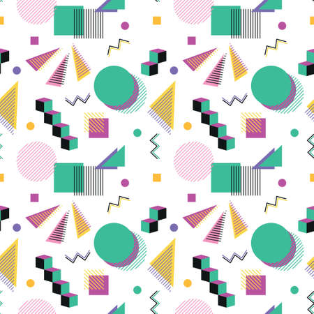 Seamless pattern. memphis style. Colorful wallpaper with squares, lines, zigzags, triangles, cubes. Yellow, green, pink, violet color.のイラスト素材