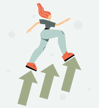 Woman climbing up the arrows. Picture depicts growth for presentations, diagrams, graphs. Vector drawing with modern character.のイラスト素材