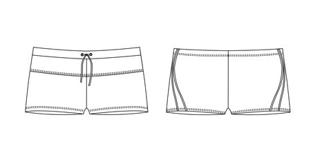 Shorts technical fashion illustration with elastic band. Flat bottom template front, back, white color style. Men swimwear CAD mockupのイラスト素材