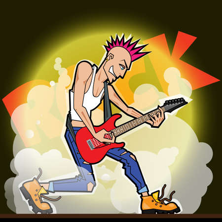 Electro Guitar Player with haircut Iroquois and ripped jeansのイラスト素材