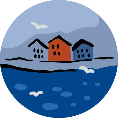 Three Houses and Seagulls near the Seaのイラスト素材