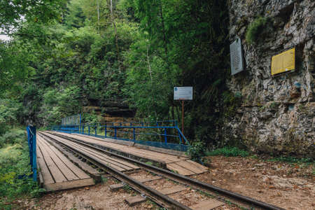 GUAMSKOE GORGE, RUSSIA, AUGUST 17, 2016: Bridge exploded by partisans in Second World Warのeditorial素材