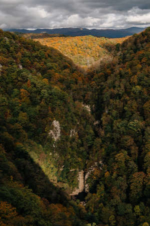 SOCHI, RUSSIA, OCTOBER 26, 2016: Panoramic View of Agura Gorge and Waterfall from Orlinye Rocksの写真素材