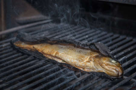Rainbow Trout in Parchment Paper Being Prepared in Josper Grillの写真素材