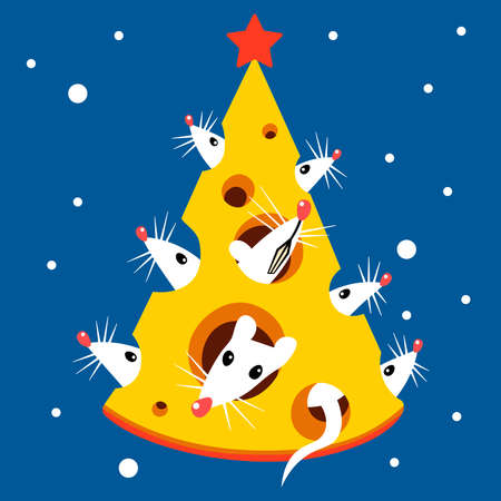 White Lab Rats in Dutch Cheese with Holes in shape of Christmas Treeのイラスト素材