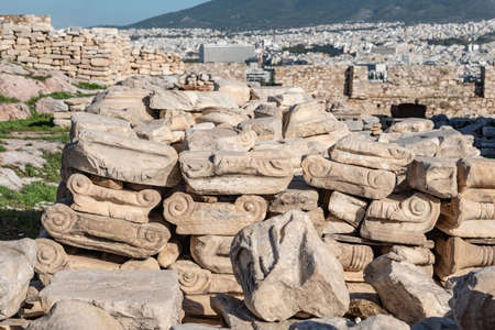 Fragments of Ionic Order Columns in Acropolis of Athens, Greeceの写真素材