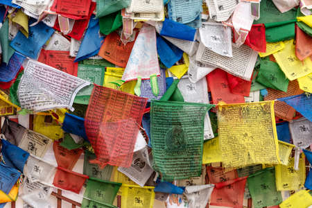 A lot of Multicolored Buddhists' Prayer Flags Wind Horsesの写真素材