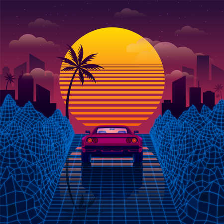 Retro car on the blue road among 3D mountains Synthwave or Retrowave style back to the 80s and 90sのイラスト素材