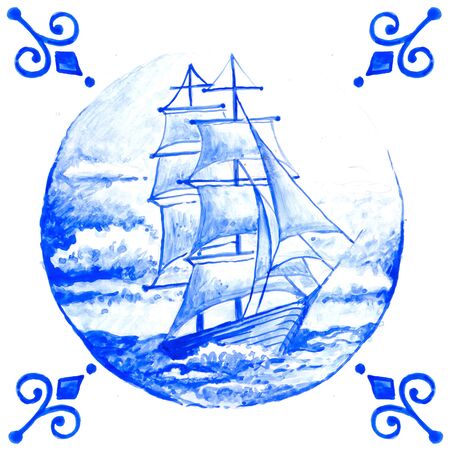 Dutch ornaments with mill illustration (Delft blue style). Holland (Amsterdam) motivesの写真素材