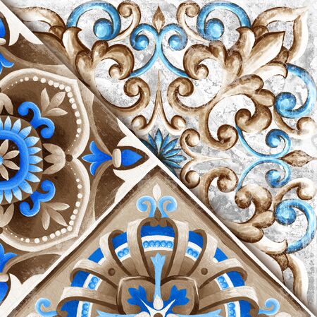Design for ceramic tiles, majolica, watercolor ornament, patternの写真素材