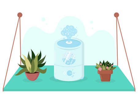 Humidifier with flower plants on the table. vector illustration.のイラスト素材