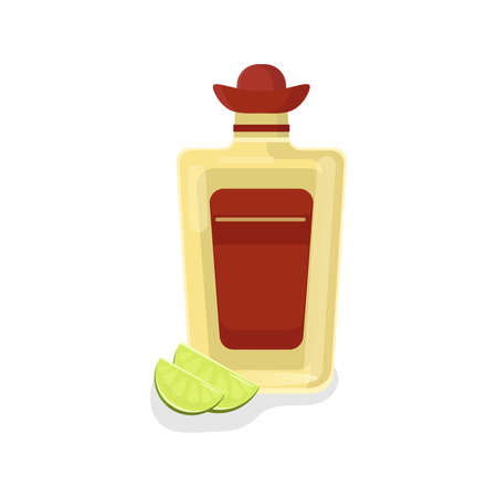 A bottle of tequila with two lime slices, a Mexican strong alcoholic drink.のイラスト素材