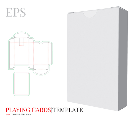 Playing Cards Template and Playing Cards Box Template Vector with die cut or laser cut lines. White, clear, blank, isolated Playing cards box mock up on white background with perspective viewのイラスト素材