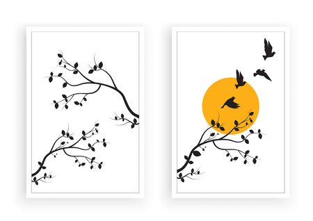 Tree with flying birds silhouettes on full moon or sunset, Vector, Minimalist two pieces poster design, Wall Decals, wall artwork, Nature Art Design, Wall Decor isolated on white backgroundのイラスト素材