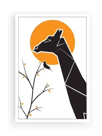Giraffe silhouette on sunset and branches illustration, vector. Minimalist wall art work, wall  decoration, wall decalsのイラスト素材