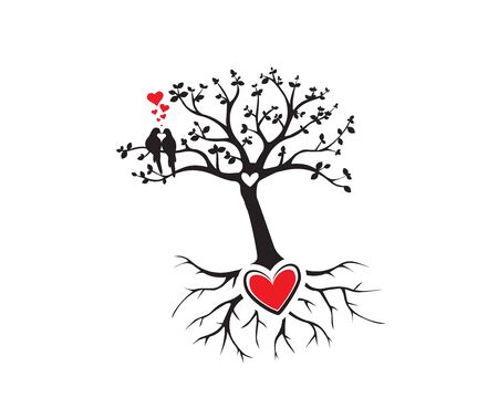 Two Birds silhouettes in love on Tree, Vector, Tree with heart with root, Wall Decals, Wall artwork, Birds on Branch, Art Design, Wall Decoration isolated on white background. Natural wall decorのイラスト素材